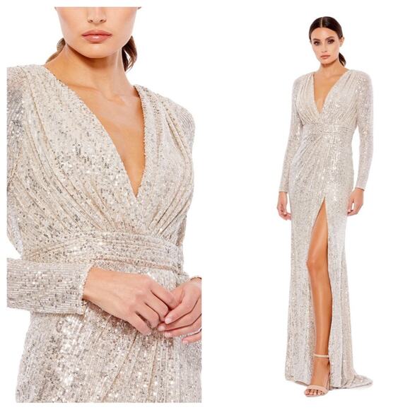 NWT IEENA for MAC DUGGAL 26490 Silver Sequined Long Sleeve V-Neck Gown High Slit - Picture 1 of 12